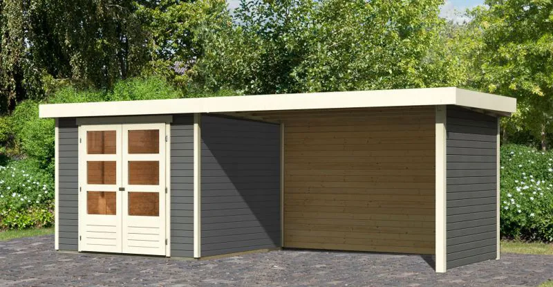 Gartenhaus SET terragrau mit Schleppdach 2,8 m Breite, Seiten- und Rückwand, Grundfläche: 5,76m²