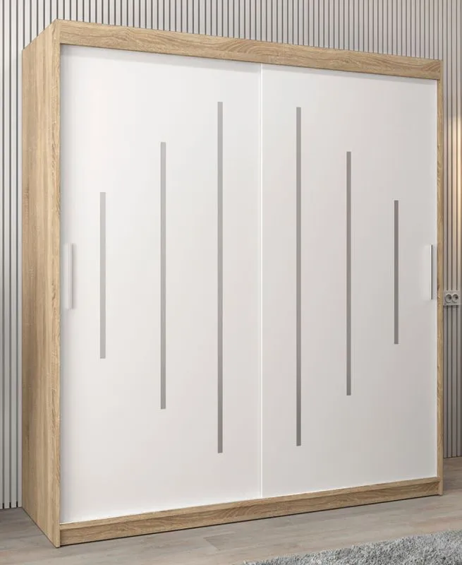  Schiebetürenschrank / Kleiderschrank Pilatus 04, Farbe: Eiche Sonoma / Weiß matt - Abmessungen: 200 x 180 x 62 cm (H x B x T)