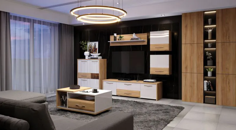 Wohnzimmer Komplett - Set J Gataivai, 6-teilig, Farbe: Beige Hochglanz / Walnuss