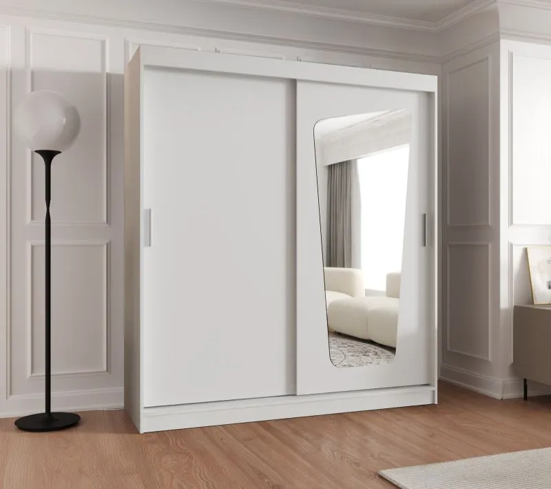 Kleiderschrank Aletschhorn 14, 1,8 Meter breit, Farbe: Weiß, eine Spiegeltür, Aluminiumschienen, 10 Fächer, Schiebetürenschrank, zwei Kleiderstangen