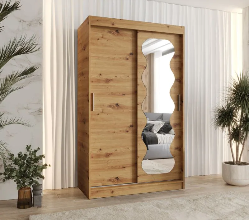 Schiebetürenschrank mit einen Spiegel Bernina 05, Farbe: Eiche Artisan, 1,2 Meter breit, fünf Fächer, zwei Kleiderstangen, Kleiderschrank, Aluminiumschienen