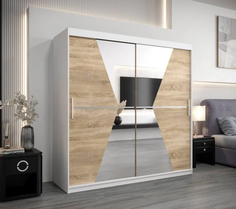 200 cm breiter Kleiderschrank mit 10 Fächern und 2 Türen | Farbe: Sonoma Eiche / Weiß Abbildung