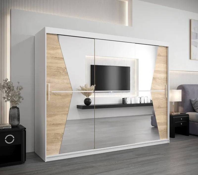 250 cm breiter Kleiderschrank mit 10 Fächern und 3 Türen | Farbe: Sonoma Eiche / Weiß Abbildung