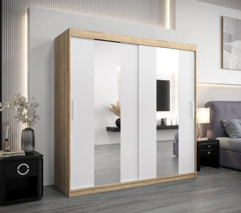 200 cm breiter Kleiderschrank mit 2 Türen | 10 Fächer | Farbe: Sonoma Eiche / Weiß Abbildung