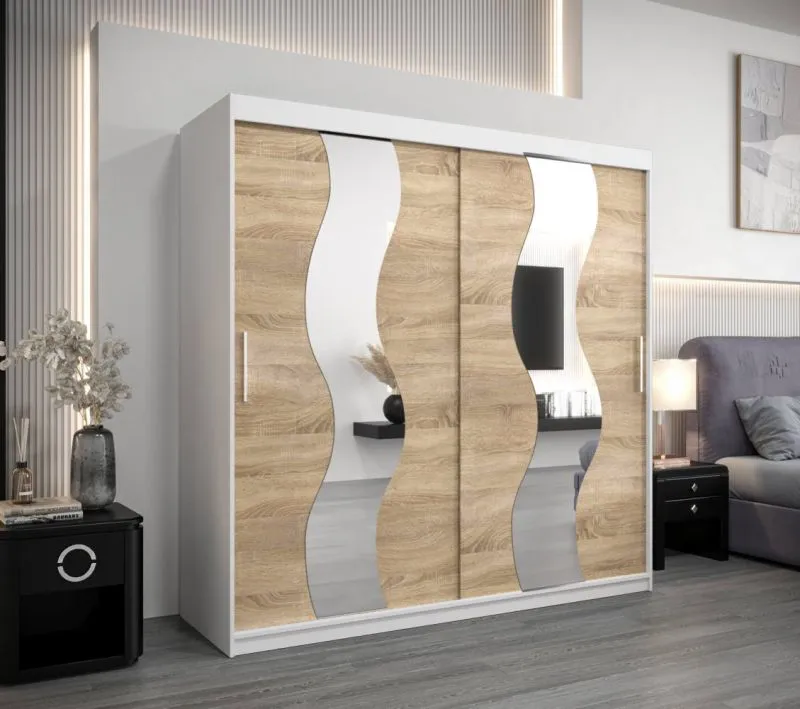 200 cm breiter Kleiderschrank mit 10 Fächern und 2 Türen | Farbe: Sonoma Eiche / Weiß Abbildung
