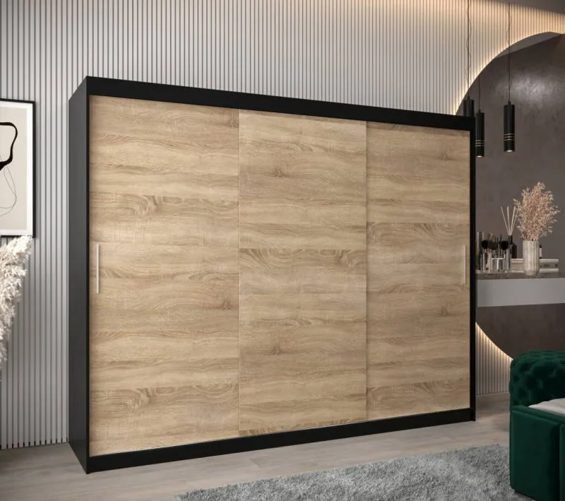 250 cm breiter Kleiderschrank mit 10 Fächern und 3 Türen | Farbe: Schwarz Abbildung