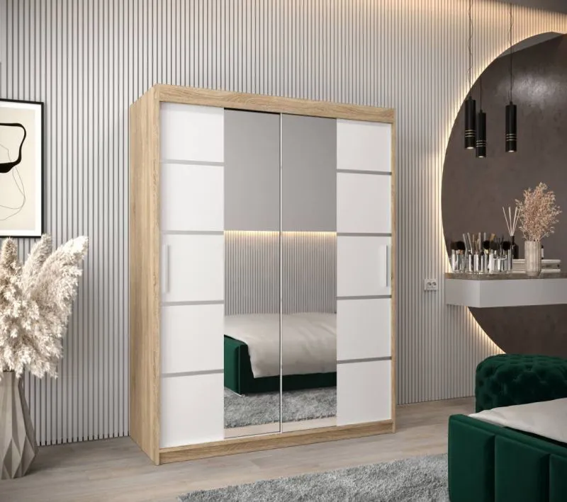 150 cm breiter Kleiderschrank mit 2 Türen | 5 Fächer | Farbe: Sonoma Eiche / Weiß Abbildung