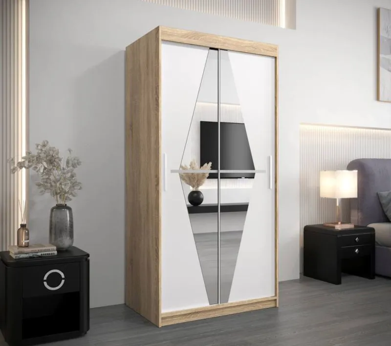 100 cm breiter Kleiderschrank mit 2 Türen | 5 Fächer | Farbe: Sonoma Eiche / Weiß Abbildung