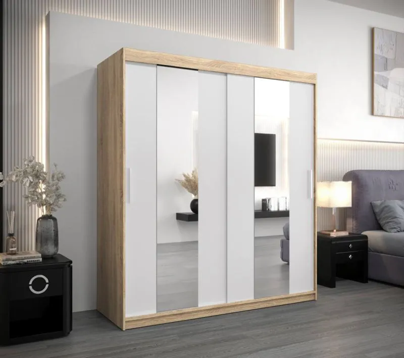 180 cm breiter Kleiderschrank mit 2 Türen | 10 Fächer | Farbe: Sonoma Eiche / Weiß Abbildung
