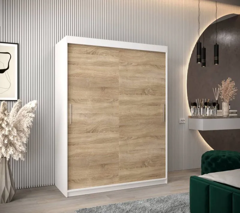 150 cm breiter Kleiderschrank mit 5 Fächern und 2 Türen | Farbe: Sonoma Eiche / Weiß Abbildung
