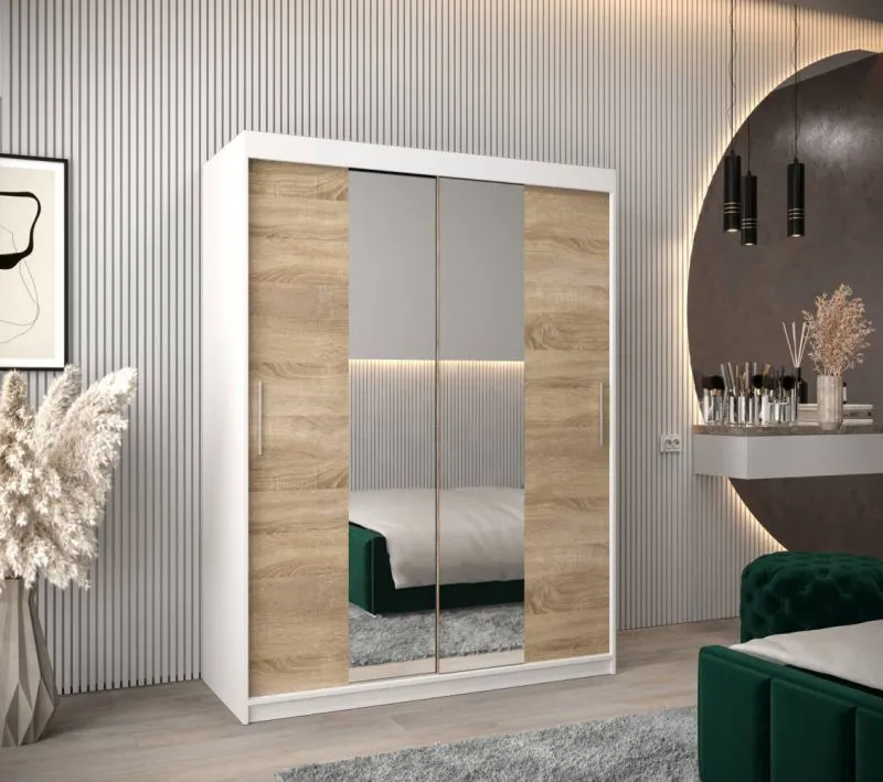 150 cm breiter Kleiderschrank mit 5 Fächern und 2 Türen | Farbe: Sonoma Eiche / Weiß Abbildung