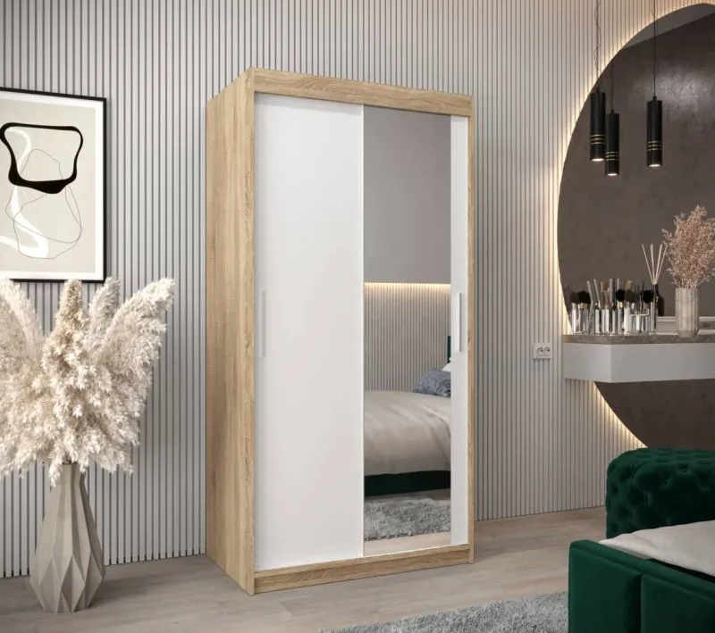 100 cm breiter Kleiderschrank mit 5 Fächern und 2 Türen | Farbe: Sonoma Eiche / Weiß Abbildung