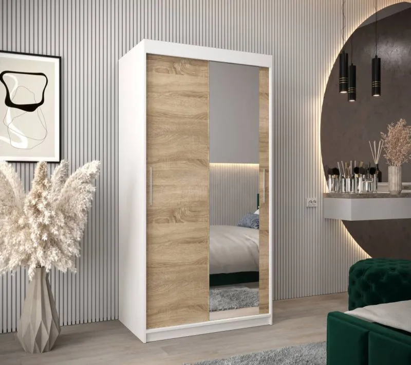 100 cm breiter Kleiderschrank mit 5 Fächern und 2 Türen | Farbe: Sonoma Eiche / Weiß Abbildung