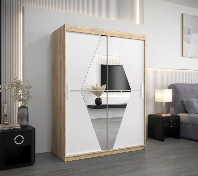 150 cm breiter Kleiderschrank mit 2 Türen | 5 Fächer | Farbe: Sonoma Eiche / Weiß Abbildung