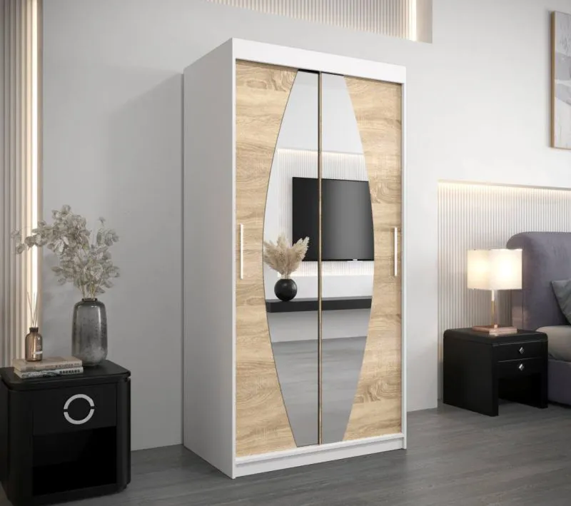 100 cm breiter Kleiderschrank mit 5 Fächern und 2 Türen | Farbe: Sonoma Eiche / Weiß Abbildung