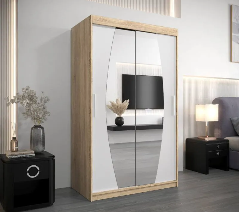 120 cm breiter Kleiderschrank mit 5 Fächern und 2 Türen | Farbe: Sonoma Eiche / Weiß Abbildung