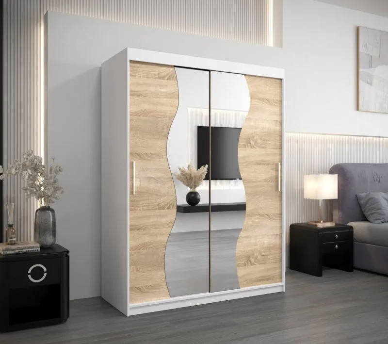 150 cm breiter Kleiderschrank mit 5 Fächern und 2 Türen | Farbe: Sonoma Eiche / Weiß Abbildung