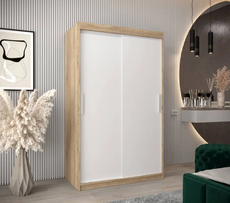 120 cm breiter Kleiderschrank mit 5 Fächern und 2 Türen | Farbe: Sonoma Eiche / Weiß Abbildung