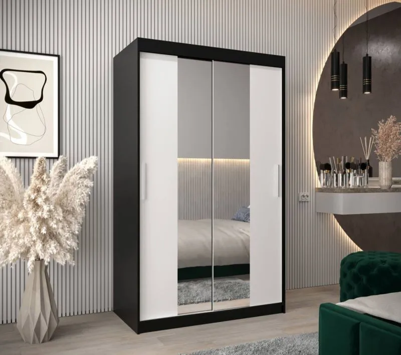 120 cm breiter Kleiderschrank mit 5 Fächern und 2 Türen | Farbe: Weiß / Schwarz Abbildung