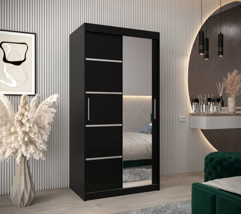 100 cm breiter Kleiderschrank mit 5 Fächern und 2 Türen | Farbe: Schwarz Abbildung
