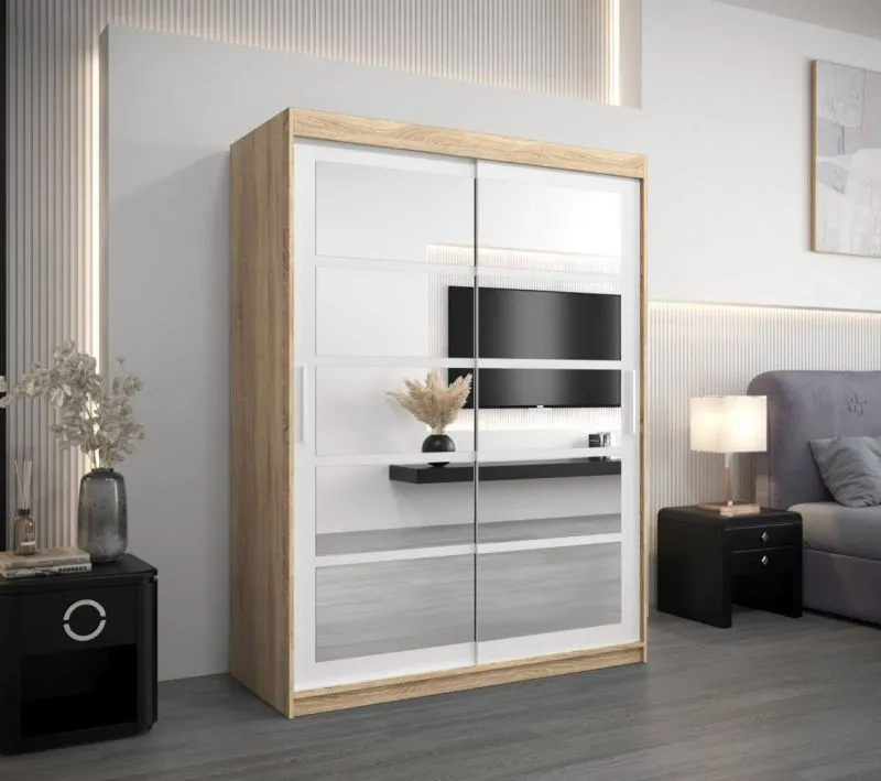 150 cm breiter Kleiderschrank mit 5 Fächern und 2 Türen | Farbe: Sonoma Eiche / Weiß Abbildung