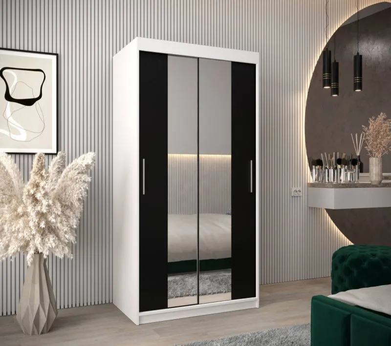 100 cm breiter Kleiderschrank mit 5 Fächern und 2 Türen | Farbe: Weiß / Schwarz Abbildung