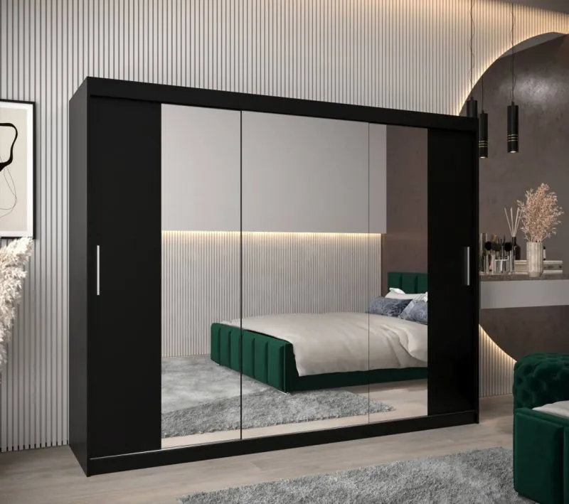 Großer 250 cm breiter Kleiderschrank mit 10 Fächern und 3 Türen | Farbe: Schwarz Abbildung