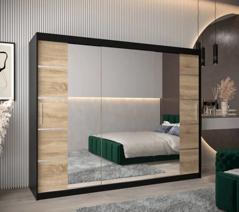 Großer 250 cm breiter Kleiderschrank mit 10 Fächern und 3 Türen | Farbe: Schwarz Abbildung