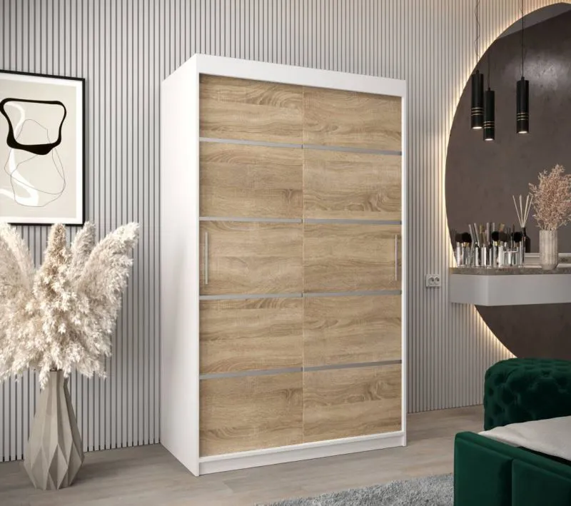 120 cm breiter Schiebetürenschrank mit 2 Türen | 5 Fächer | 2 Kleiderstangen | Farbe: Sonoma Eiche / Weiß Abbildung