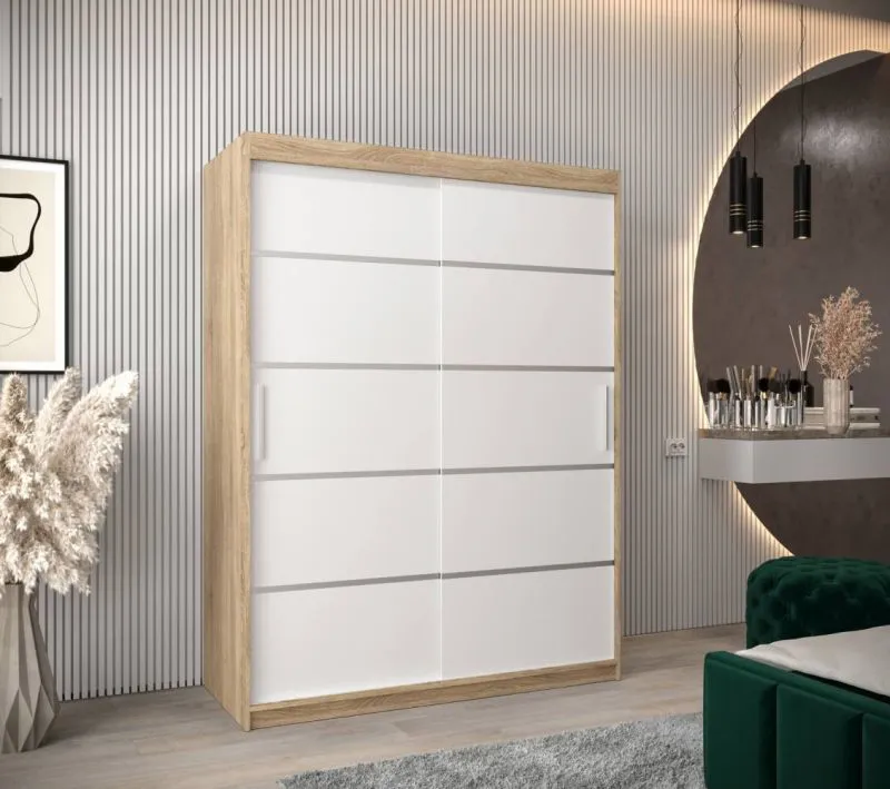 150 cm breiter Schiebetürenschrank mit 2 Türen | 5 Fächer | 2 Kleiderstangen | Farbe: Sonoma Eiche / Weiß Abbildung