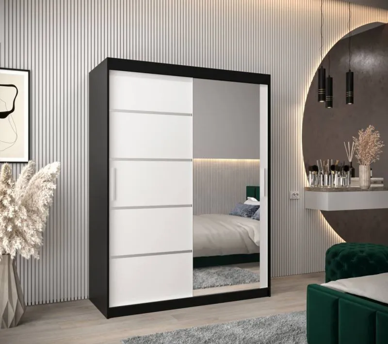 120 cm breiter Schiebetürenschrank mit 2 Türen | 5 Fächer | 2 Kleiderstangen | Farbe: Weiß / Schwarz Abbildung