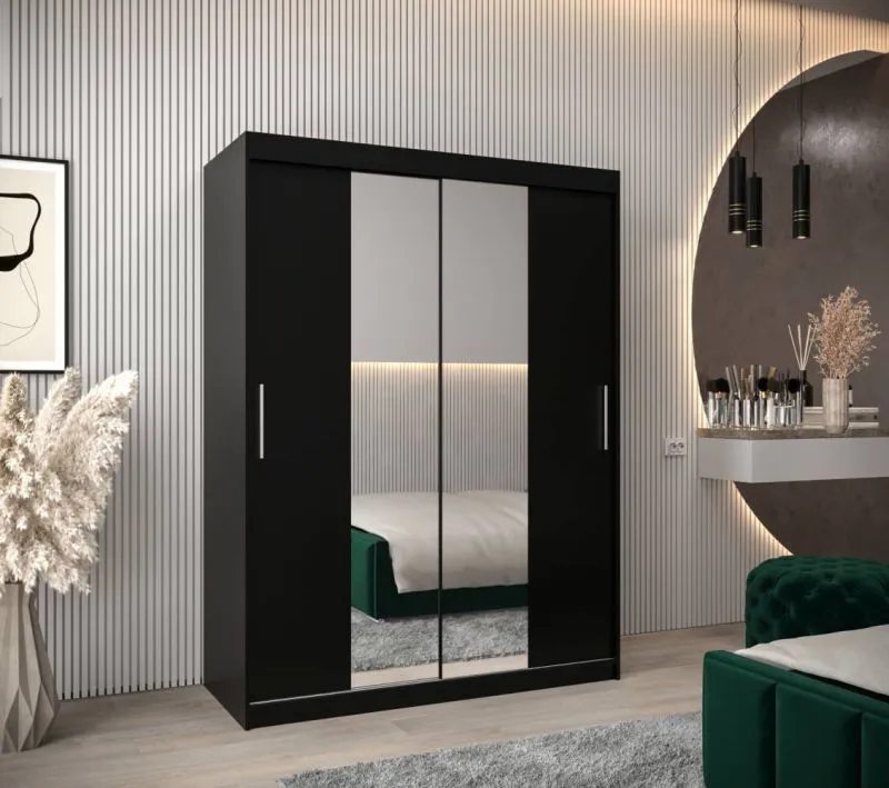 150 cm breiter Schiebetürenschrank mit 2 Türen | 5 Fächer | 2 Kleiderstangen | Farbe: Schwarz Abbildung