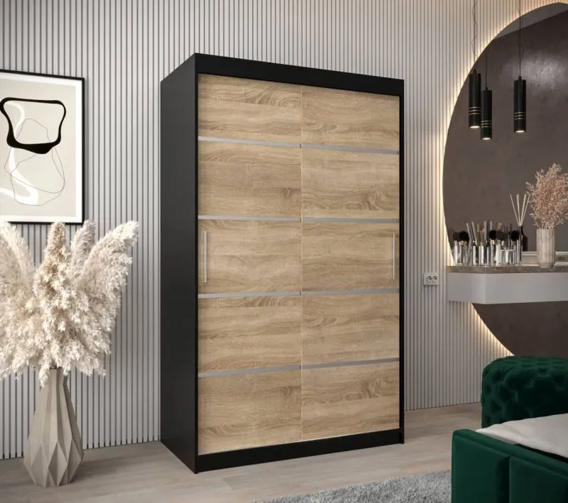 120 cm breiter Schiebetürenschrank mit 2 Türen | 5 Fächer | 2 Kleiderstangen | Farbe: Schwarz Abbildung