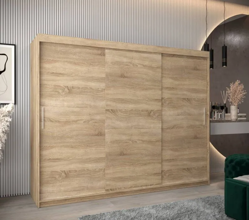 250 cm breiter Schiebetürenschrank mit 3 Türen | 10 Fächer | 2 Kleiderstangen | Farbe: Sonoma Eiche Abbildung
