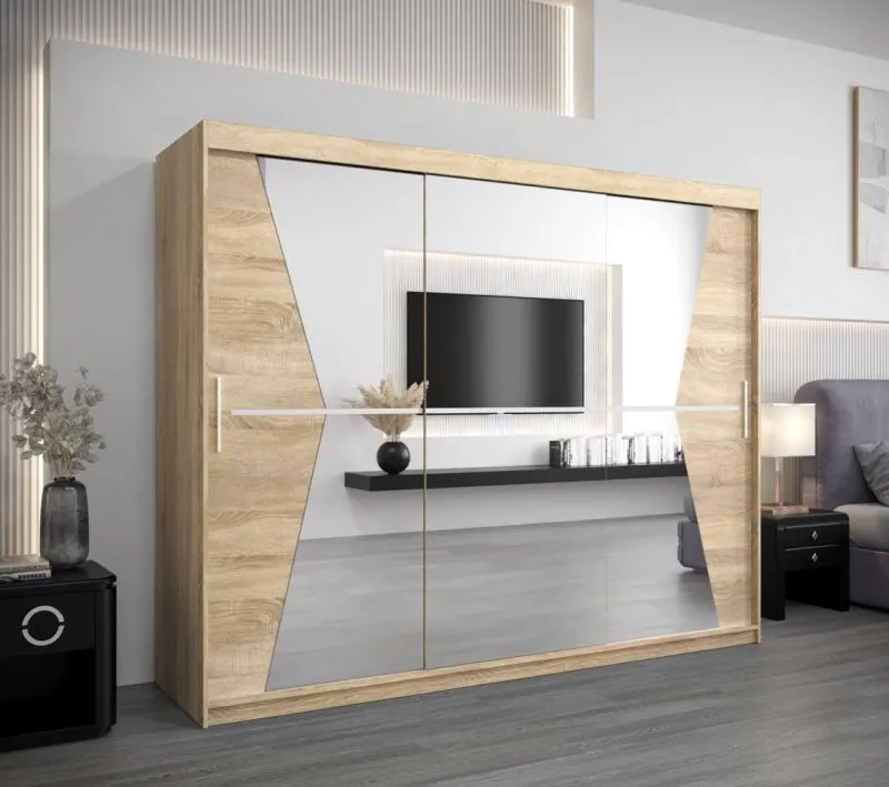 250 cm breiter Schiebetürenschrank mit 3 Türen | 10 Fächer | 2 Kleiderstangen | Farbe: Sonoma Eiche Abbildung