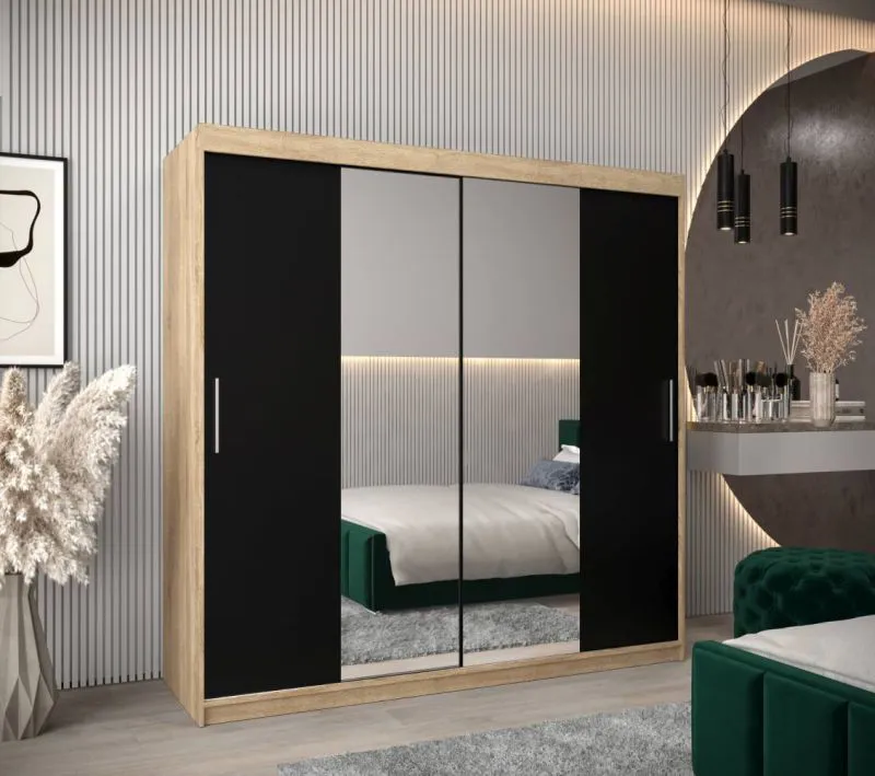 200 cm breiter Schiebetürenschrank mit 2 Türen | 10 Fächer | 2 Kleiderstangen | Farbe: Sonoma Eiche Abbildung