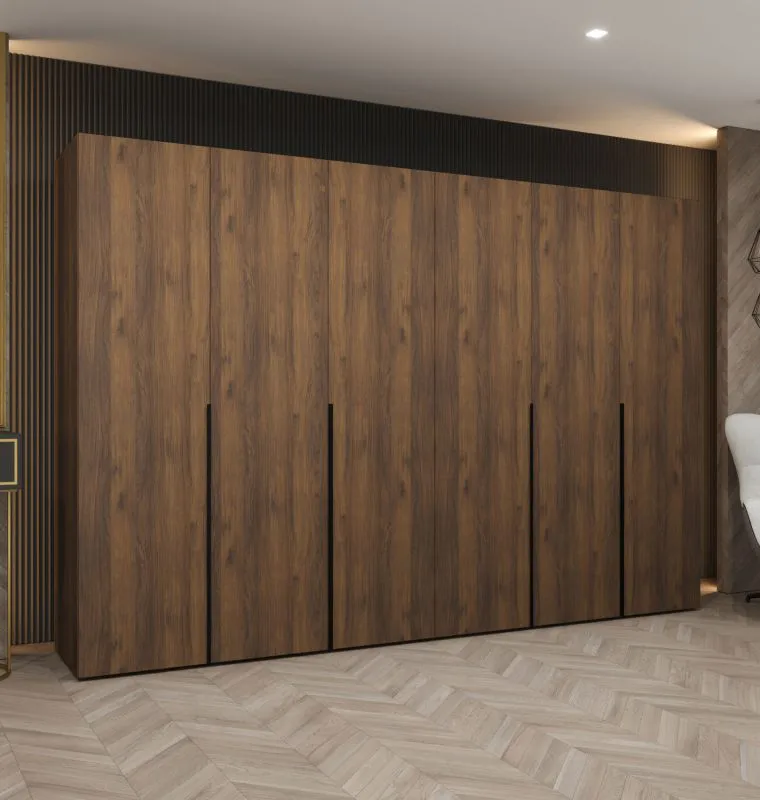 Kleiderschrank / Drehtürenschrank | Farbe: Walnuss | sechs Türen | vier Kleiderstangen | 3 Meter breit | vier Fächer | Griffe: Schwarz | Soft-Close-Funktion