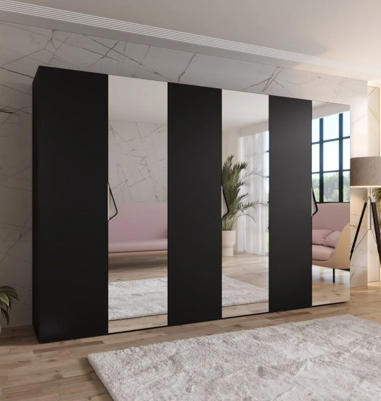 Kleiderschrank | 3 Spiegeltüren | 3 Fächer | Farbe: Schwarz | 3 Kleiderstangen | Griffe: Kaschmir | Maße: 300 x 52 x 202 cm | Soft-Close-Funktion