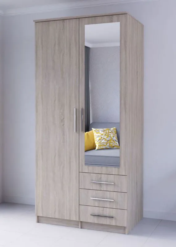 Drehtürenschrank / Kleiderschrank mit Spiegel | Sonoma Eiche | Kopaonik 02 | 2 Türen | 3 Schubladen | 5 Fächer |207 x 101 x 59 cm | Kleiderstange
