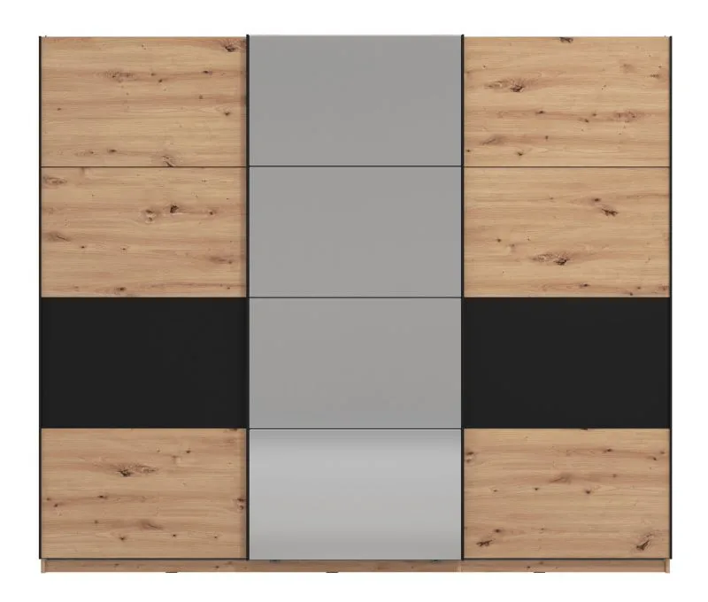 Dreitüriger Schwebetürenschrank Crina 10, Farbe: Eiche Artisan / Schwarz, Spiegel, zwei Kleiderstangen, ABS-Kanten, Maße: 224 x 262,5 x 65,5 cm