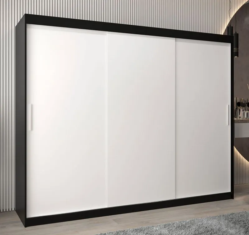 Schiebetürenschrank / Kleiderschrank Bisaurin 6A, Farbe: Schwarz / Weiß matt - Abmessungen: 200 x 250 x 62 cm ( H x B x T)
