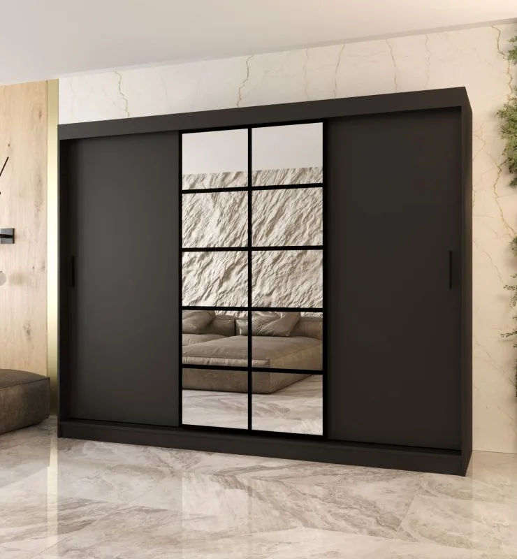 Schiebetürenschrank | Schwarz Matt | 10 Fächer | 2 Kleiderstangen | hochwertig Verarbeitet | 250 x 62 x 200 cm | Kleiderschrank | Spiegeltür | modernes Design
