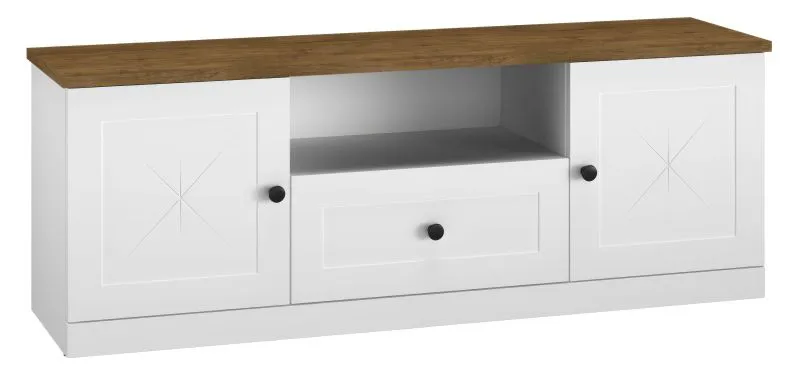 TV-Unterschrank Oulainen 09, Farbe: Weiß / Eiche - Abmessungen: 55 x 150 x 40 cm (H x B x T), mit 2 Türen, 1 Schublade und 3 Fächern