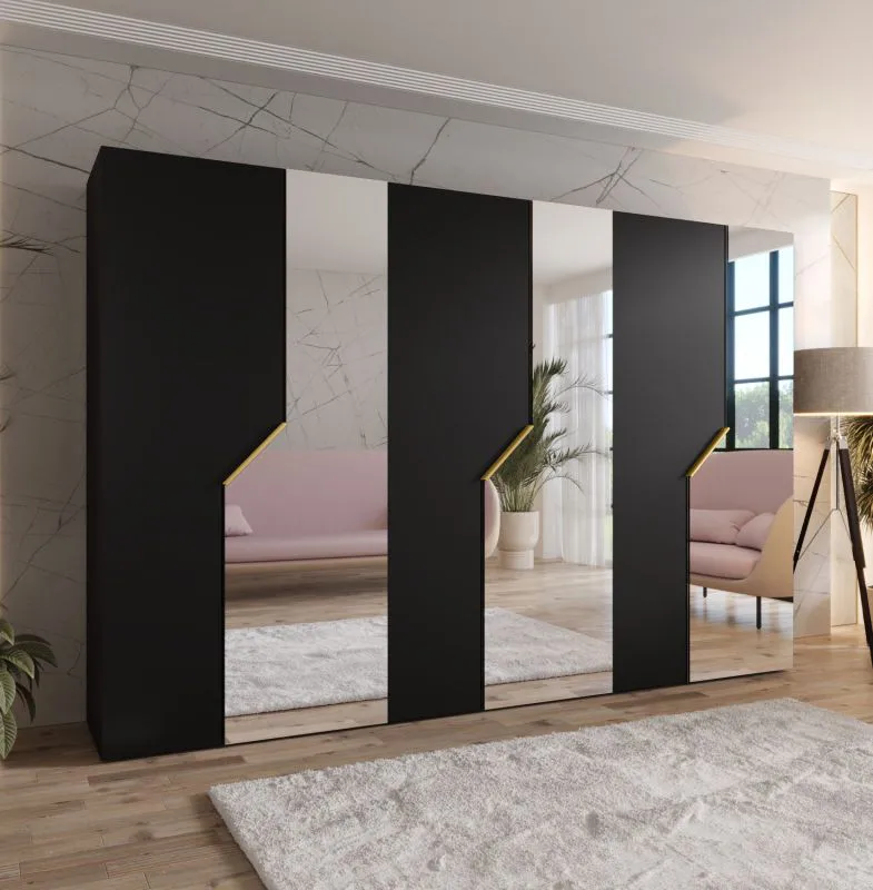 Drehtürenschrank | 3 Spiegeltüren | Farbe: Schwarz | 3 Fächer | 3 Kleiderstangen | Soft-Close-Funktion | Griffe: Gold | Maße: 300 x 52 x 202 cm | Kleiderschrank | ABS-Kanten