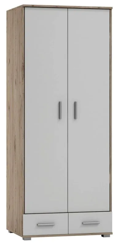Kleiderschrank | 2 Drehtüren | 2 Schubladen | mit Kleiderstange | 80 cm breit | Massivholz | Farbe: Eiche / Weiß Abbildung