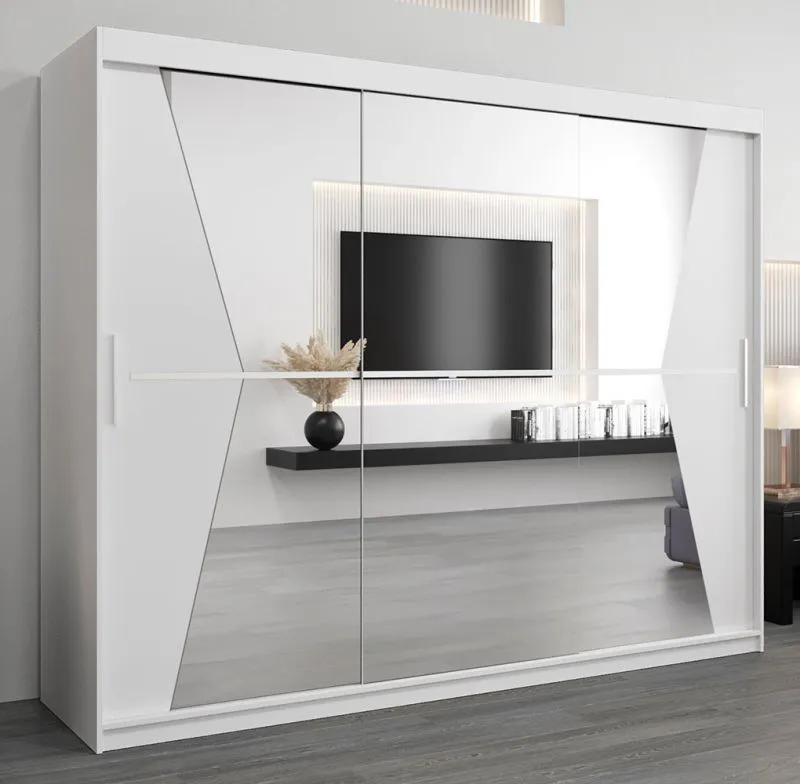 Schiebetürenschrank / Kleiderschrank Naranco 06 mit Spiegel, Farbe: Weiß matt - Abmessungen: 200 x 250 x 62 cm ( H x B x T )