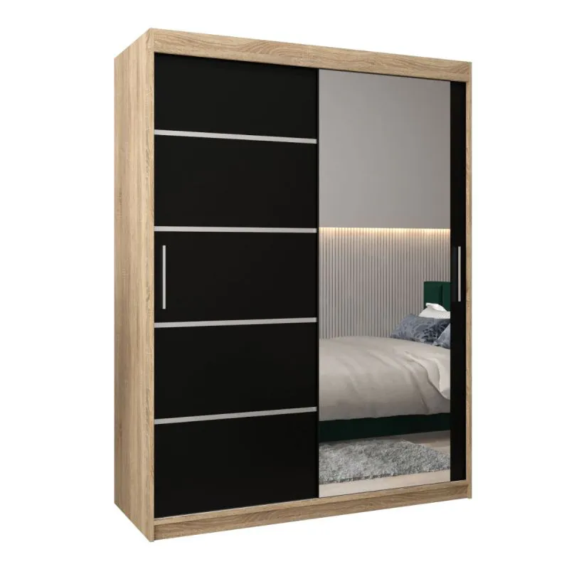 Schiebetürenschrank / Kleiderschrank Jan 03B mit Spiegel, Farbe: Eiche Sonoma / Schwarz - Abmessungen : 200 x 150 x 62 cm ( H x B x T)