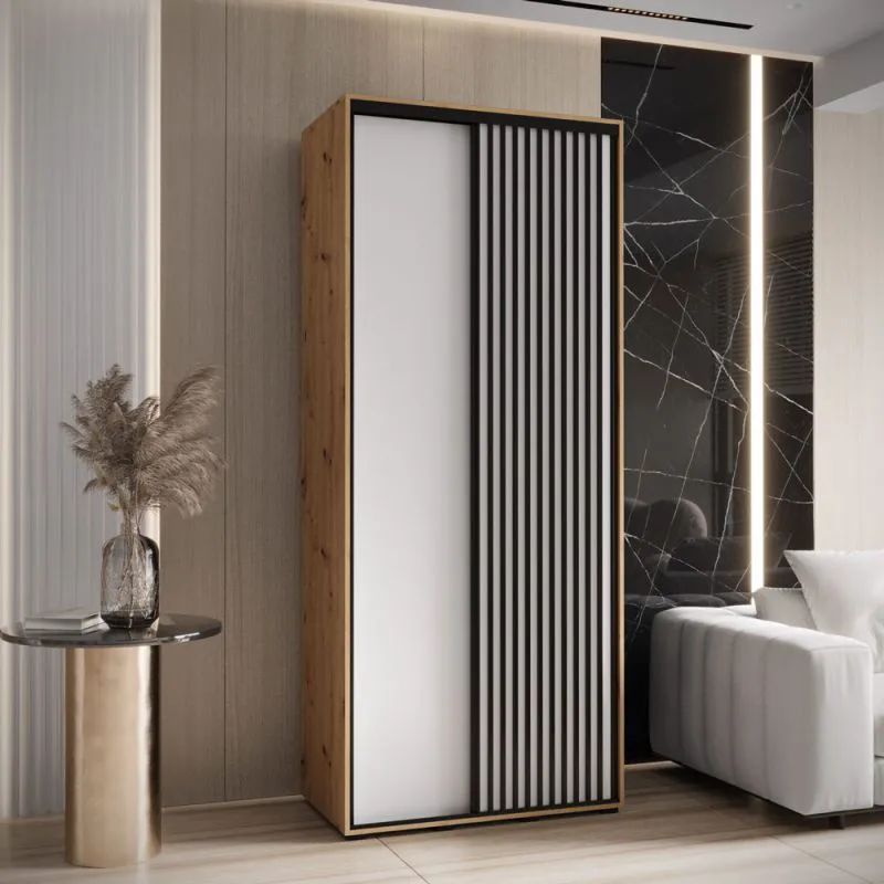 Schiebetürenschrank Tharo 1,1 Meter breit in Weiß/Eiche, auch für Wohnzimmer geeignet, Anti Staubbürsten, Metallgriffe in schwarz, 235,2 x 110 x 45 cm