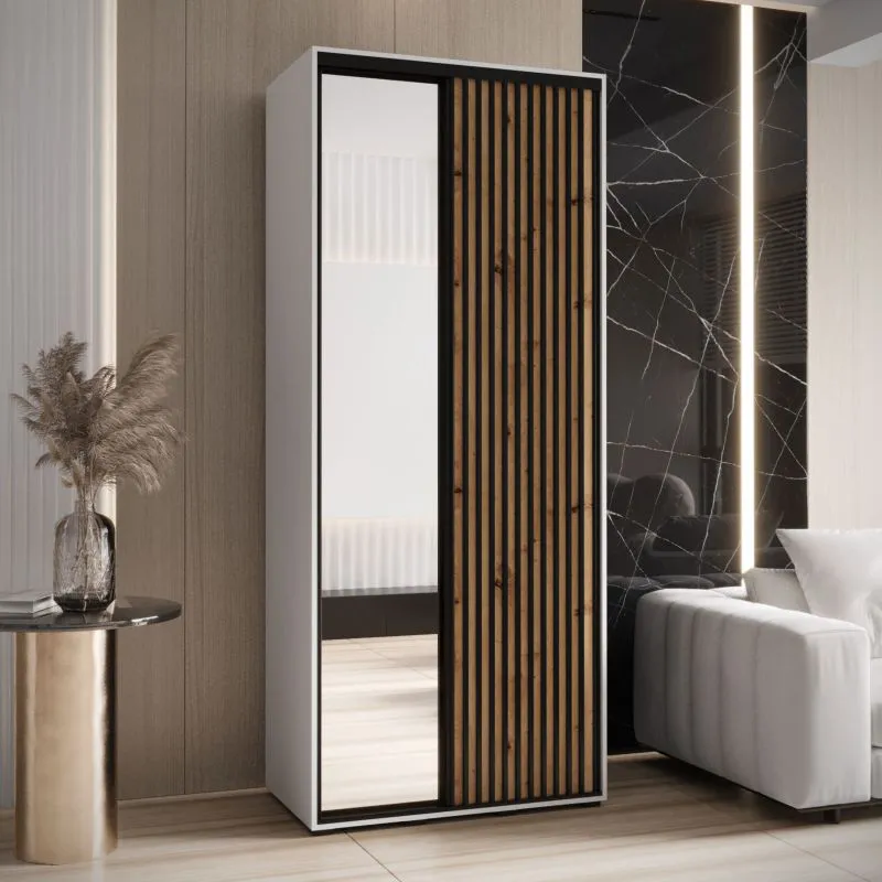 Schiebetürenschrank mit Spiegel Mina, in Weiß/Eiche, Metallgriffe in schwarz gehalten, Front aus laminierter Platte, robust, 235,2 x 120 x -60 cm