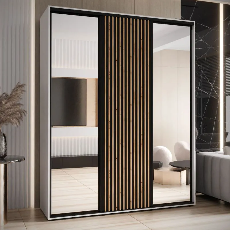Kleiderschrank mit Spiegeln Mina in Weiß/Eiche, viel Stauraum, auch für Wohnzimmer geeignet, Metallgriffe in Schwarz, 235,2 x 200 x 60 cm, Einlegeböden